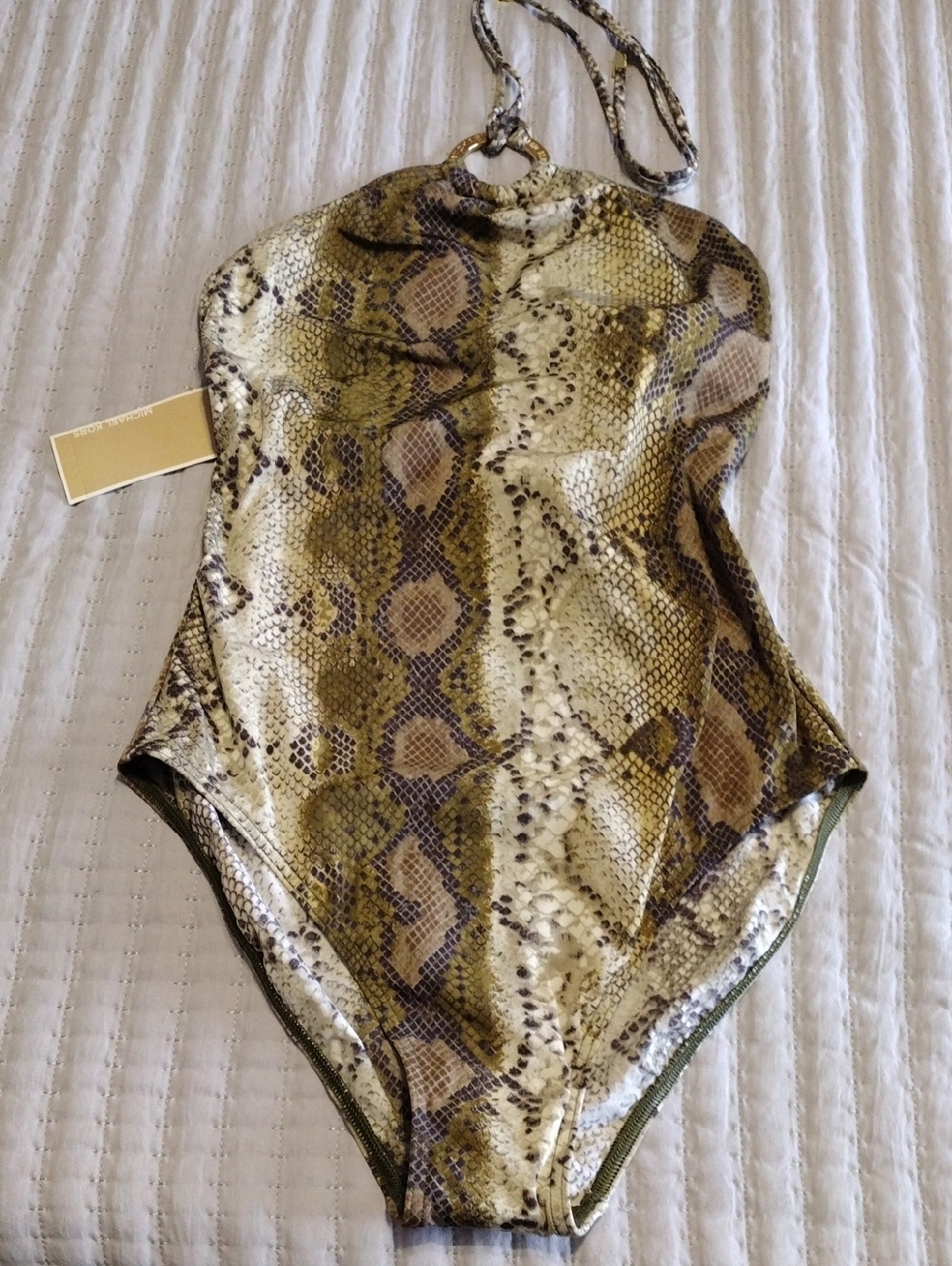 Michael Kors Olive and Tan Snake-Print Reptile One-Piece Accessory